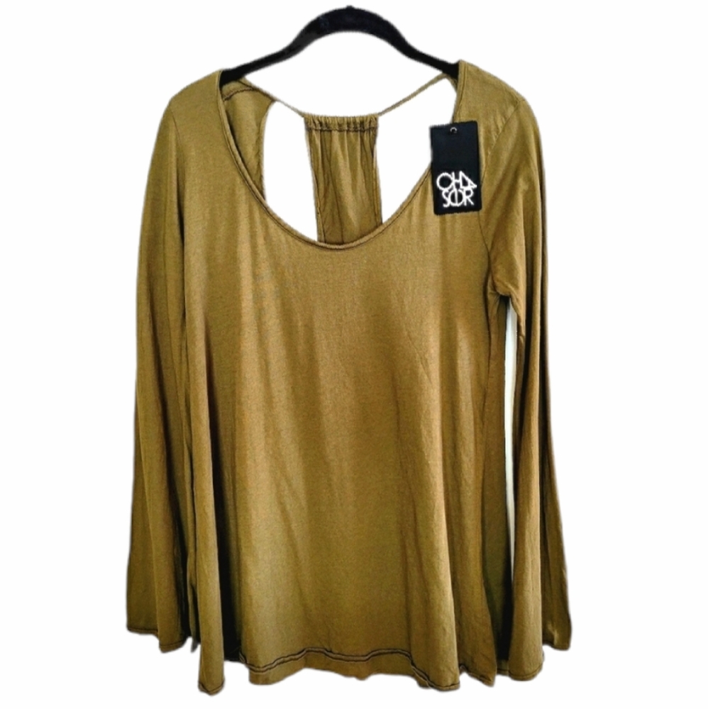CHASER Tunic Bell Sleeve Split Open Back Tee Shirt